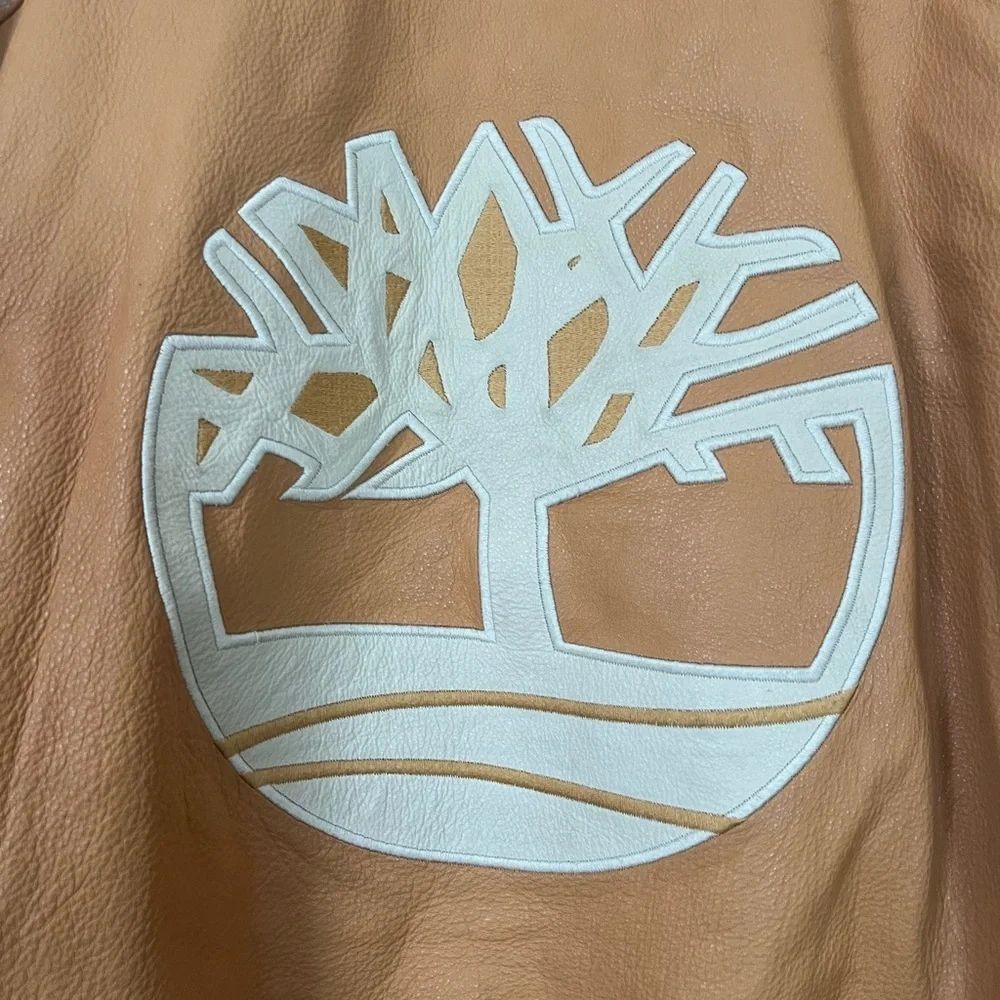Timberland Tan Leather Vintage Logo Bomber Jacket XXL